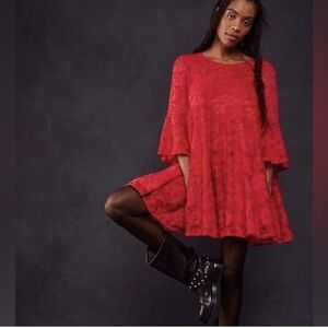 Free People,new With Tag Floral Lace Babydoll Swing Mini Dress Red Chenille Lace